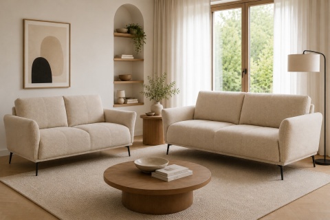 [od ręki] Sofa Dwuosobowa VENTO 180 cm – Sprężyny Kieszeniowe – Jasnobeżowa Tkanina Strukturalna – Czarne Metalowe Nóżki