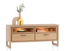 [od ręki] Szafka RTV NYSTEAD 140 cm - Oświetlenie LED - Naturalny Fornir Dębowy Dune - Matowy Lakier Platinum - Soft-Close