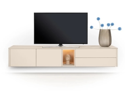 [od ręki] Szafka RTV Lowboard TRENTINO 210 cm – Lakierowany MDF Crème – Oświetlenie LED – System Push-to-Open