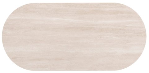 Owalny Stół BRIANTO 240 x 100 cm - Blat z Ceramiki na MDF (Optyka Trawertynu) - Metalowa Noga Kolumnowa Crème