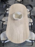 Owalny Stół BRIANTO 240 x 100 cm - Blat z Ceramiki na MDF (Optyka Trawertynu) - Metalowa Noga Kolumnowa Crème
