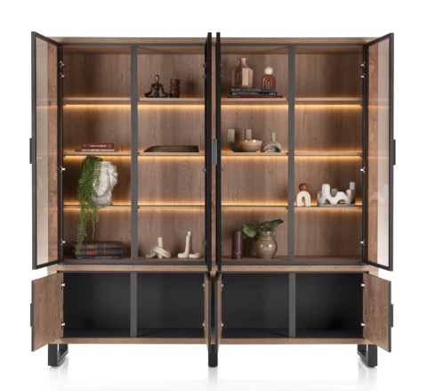 [od ręki] Kredens / Witryna PAVAROTTI 210 cm – Barnwood & Primo Laminato (HPL) – Zintegrowane Oświetlenie LED – Metalowe Detale