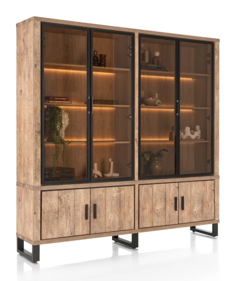 [od ręki] Kredens / Witryna PAVAROTTI 210 cm – Barnwood & Primo Laminato (HPL) – Zintegrowane Oświetlenie LED – Metalowe Detale