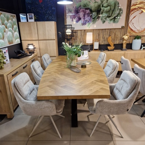 [od ręki] Owalny Stół Jadalniany METALUXE 240 x 110 cm - Blat z Forniru Dębowego we Wzór Jodełki - Noga Centralna