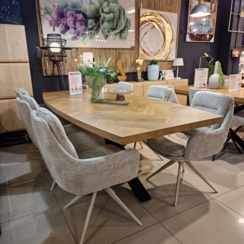 [od ręki] Owalny Stół Jadalniany METALUXE 240 x 110 cm - Blat z Forniru Dębowego we Wzór Jodełki - Noga Centralna