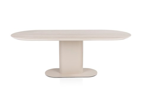 [defekt] Owalny Stół BRIANTO 210 x 100 cm - Blat z Ceramiki na MDF (Optyka Trawertynu) - Metalowa Noga Kolumnowa Crème