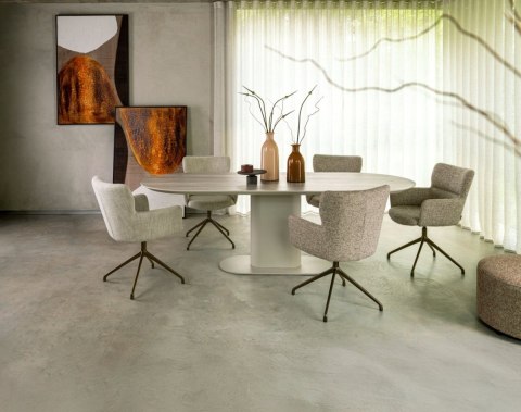 [defekt] Owalny Stół BRIANTO 210 x 100 cm - Blat z Ceramiki na MDF (Optyka Trawertynu) - Metalowa Noga Kolumnowa Crème
