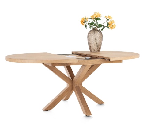 Rozkładany Owalny Stół Jadalniany NYBORG 150-190 x 130 cm – Fornir Dębowy Dune – Matowy Lakier Platinum – Centralna Noga