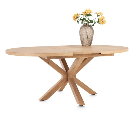 Rozkładany Owalny Stół Jadalniany NYBORG 150-190 x 130 cm – Fornir Dębowy Dune – Matowy Lakier Platinum – Centralna Noga