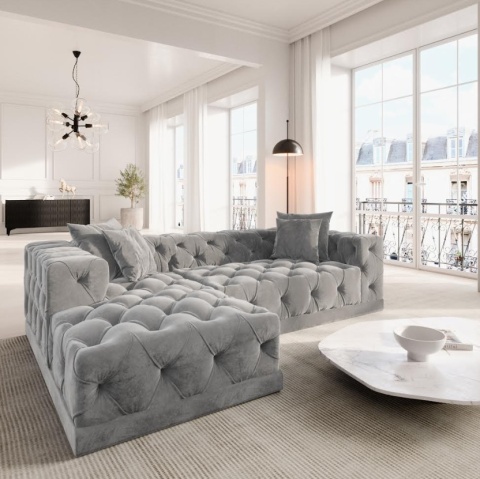 Narożnik w kształcie litery L VERONA LOUNGE (260 x 170 cm, lewy) – jasnoszary welur (Velvet Light Grey), pikowany chesterfield