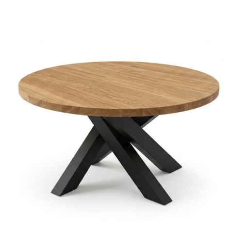 Stolik kawowy OAKLINE (Średnica 90 cm) – lity dąb 4 cm, podstawa czarny pająk (Spider)