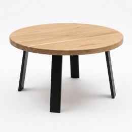 Stolik kawowy OAKLINE (Średnica 90 cm) – lity dąb 4 cm, skośne nogi czarne (Standard 4-Leg)