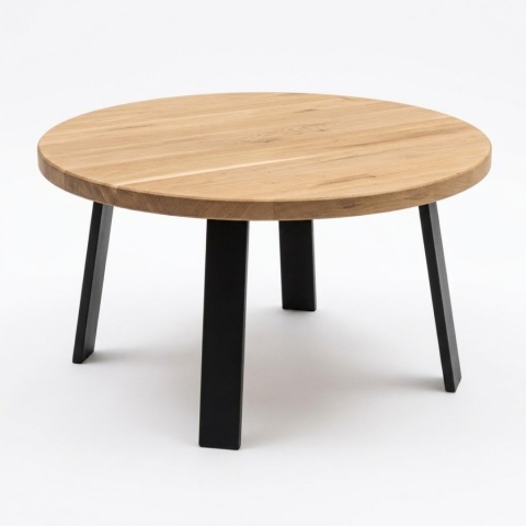 Stolik kawowy OAKLINE (Średnica 90 cm) – lity dąb 4 cm, skośne nogi czarne (Standard 4-Leg)