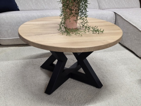 Stolik kawowy OAKLINE (Średnica 90 cm) – lity dąb 4 cm, gwiazdowata podstawa czarna (Star / Gwiazda)
