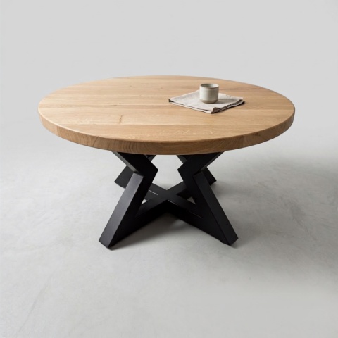 Stolik kawowy OAKLINE (Średnica 90 cm) – lity dąb 4 cm, gwiazdowata podstawa czarna (Star / Gwiazda)