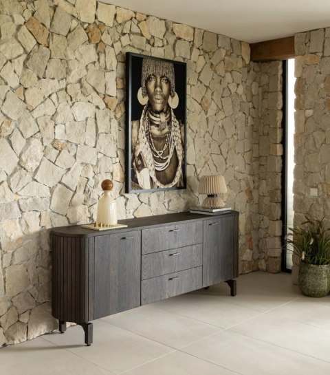 [od ręki] Komoda / Sideboard RAVELLO 220 cm - Fornir Dębowy w Kolorze Bazaltowym, Matowy Lakier Platynowy, Soft-Closing