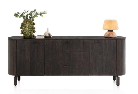 [od ręki] Komoda / Sideboard RAVELLO 220 cm - Fornir Dębowy w Kolorze Bazaltowym, Matowy Lakier Platynowy, Soft-Closing