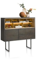 [od ręki] Wysoka komoda dębowa z oświetleniem LED MONIZ (140 cm) – Tramwood / Carbon, dwustronne szuflady