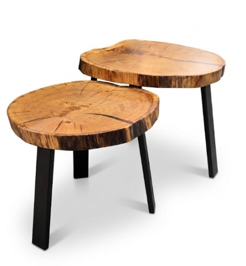 Zestaw 2 stolików kawowych z plastrów/ plaster/ plastra drewna orzechowego (wys. 42 i 48 cm) – lity orzech, stal | NATURA