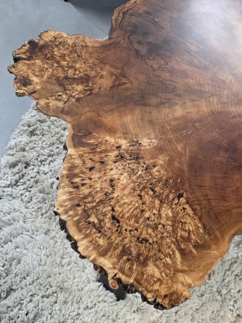 Duży stolik kawowy z plastra/ plaster czeczoty topoli– lita czeczota, czarna stal | NATURA