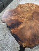 Duży stolik kawowy z plastra/ plaster czeczoty topoli– lita czeczota, czarna stal | NATURA