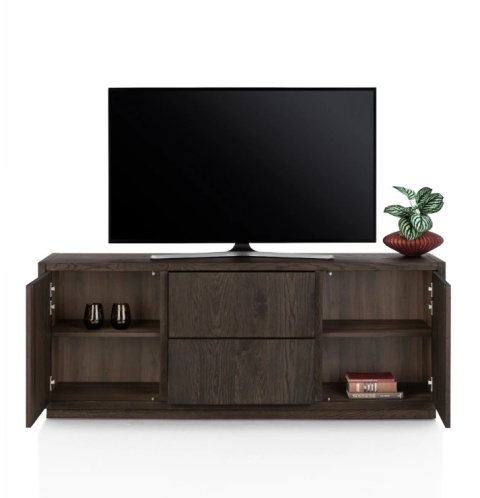 [od ręki] Szafka RTV GIJON 180 cm – fornir dębowy, kolor Basalt, matowy lakier platynowy, soft-close