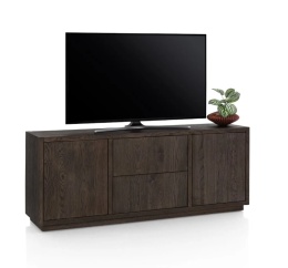 [od ręki] Szafka RTV GIJON 180 cm – fornir dębowy, kolor Basalt, matowy lakier platynowy, soft-close