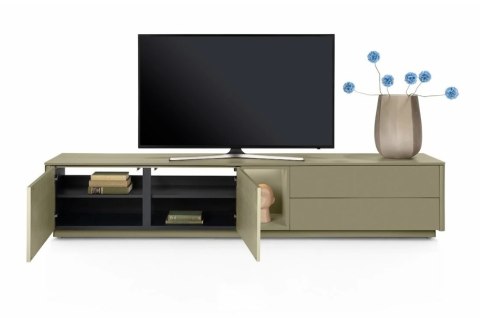 Szafka RTV / Lowboard 240 cm TRENTINO - Lakierowany MDF Olijfgroen (Oliwkowy) z Podświetleniem - XOOON / Habufa