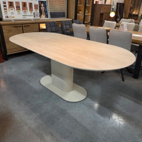 [defekt] Owalny Stół BRIANTO 210 x 100 cm - Blat z Ceramiki na MDF (Optyka Trawertynu) - Metalowa Noga Kolumnowa Crème